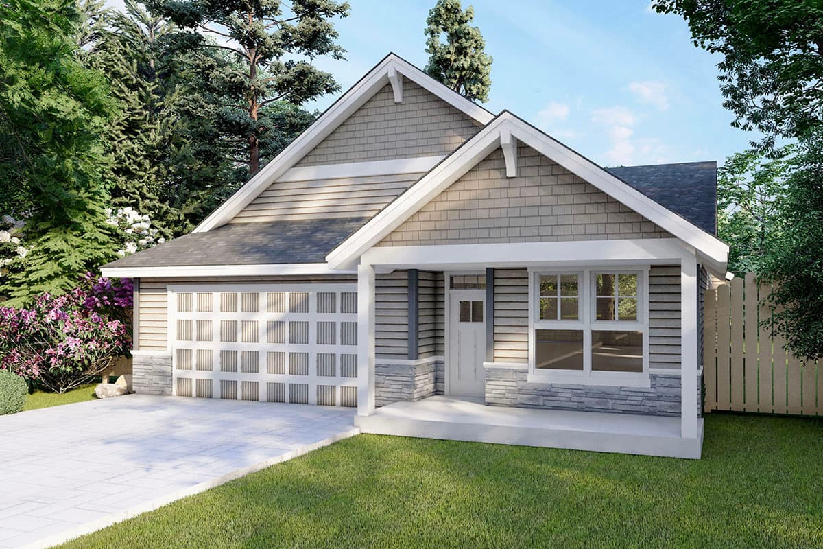 House plan exterior. Craftsman style, single story home with gabled roof, front porch, and garage. Features include shake siding and stone accents.