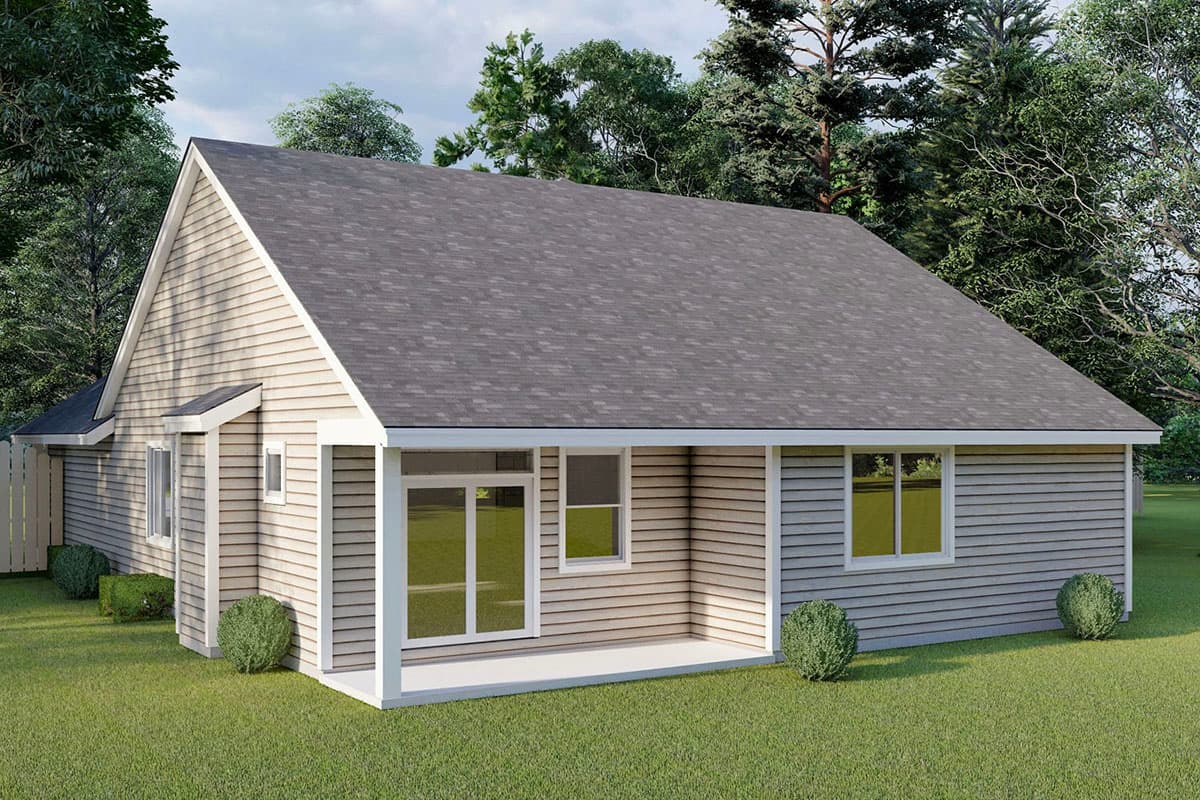 House plan exterior rendering of a one-story home with vinyl siding, gable roof, and covered porch.