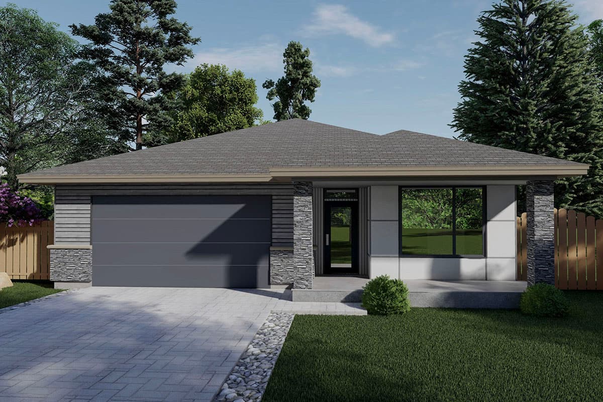 House plan exterior. Single-story, modern style home with a flat roof, stone accents, and a front-facing garage.