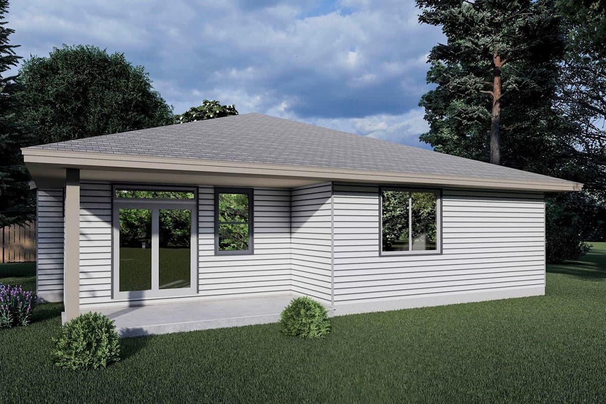 House plan exterior: one-story home with white horizontal siding, hip roof, concrete patio, and two windows.