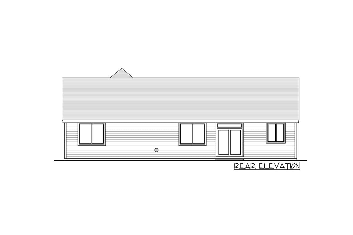 Rear elevation drawing of a single-story house with horizontal siding, three windows, and double glass doors.