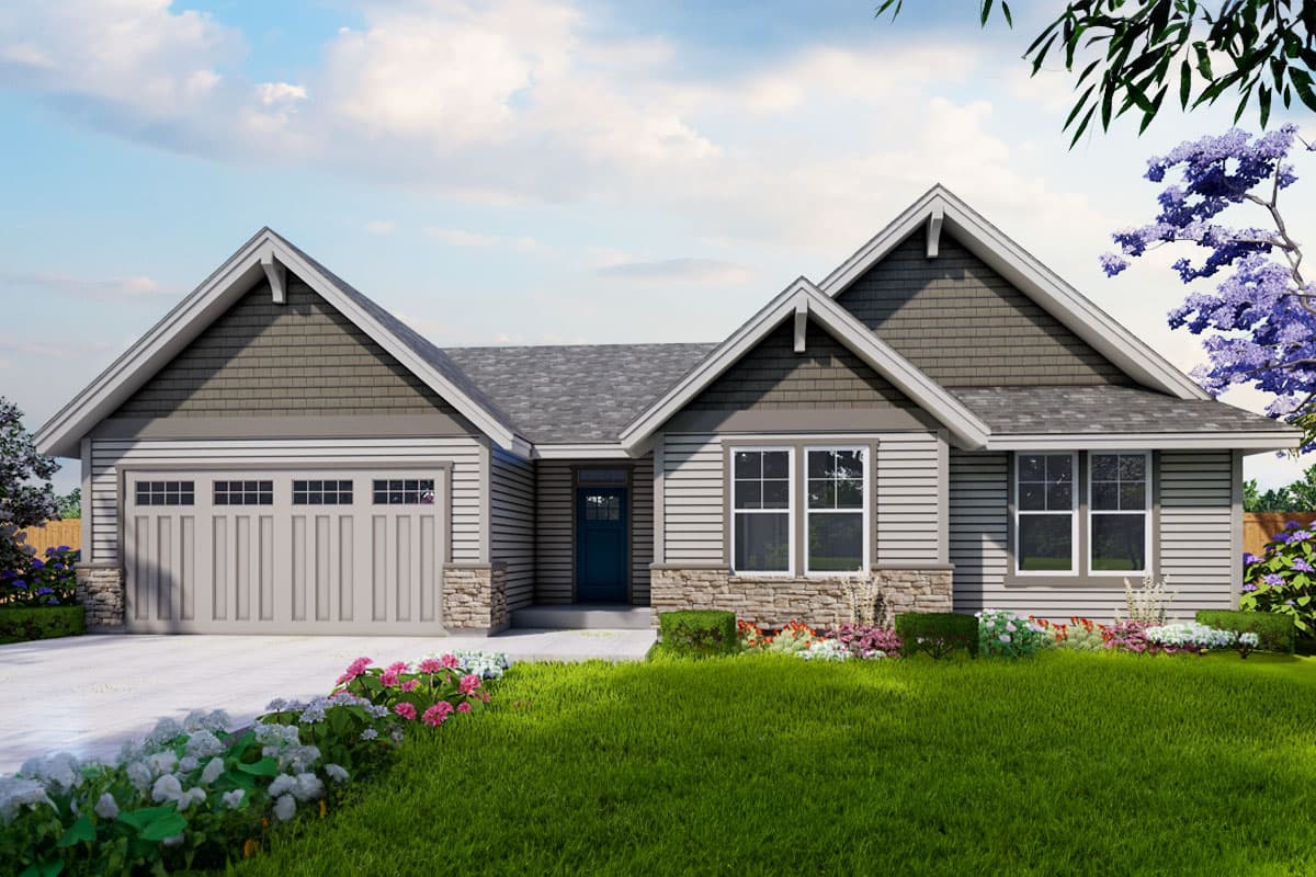 House plan exterior. Ranch-style home with a gabled roof, stone accents, and a front-facing garage. Features include decorative gable ends.