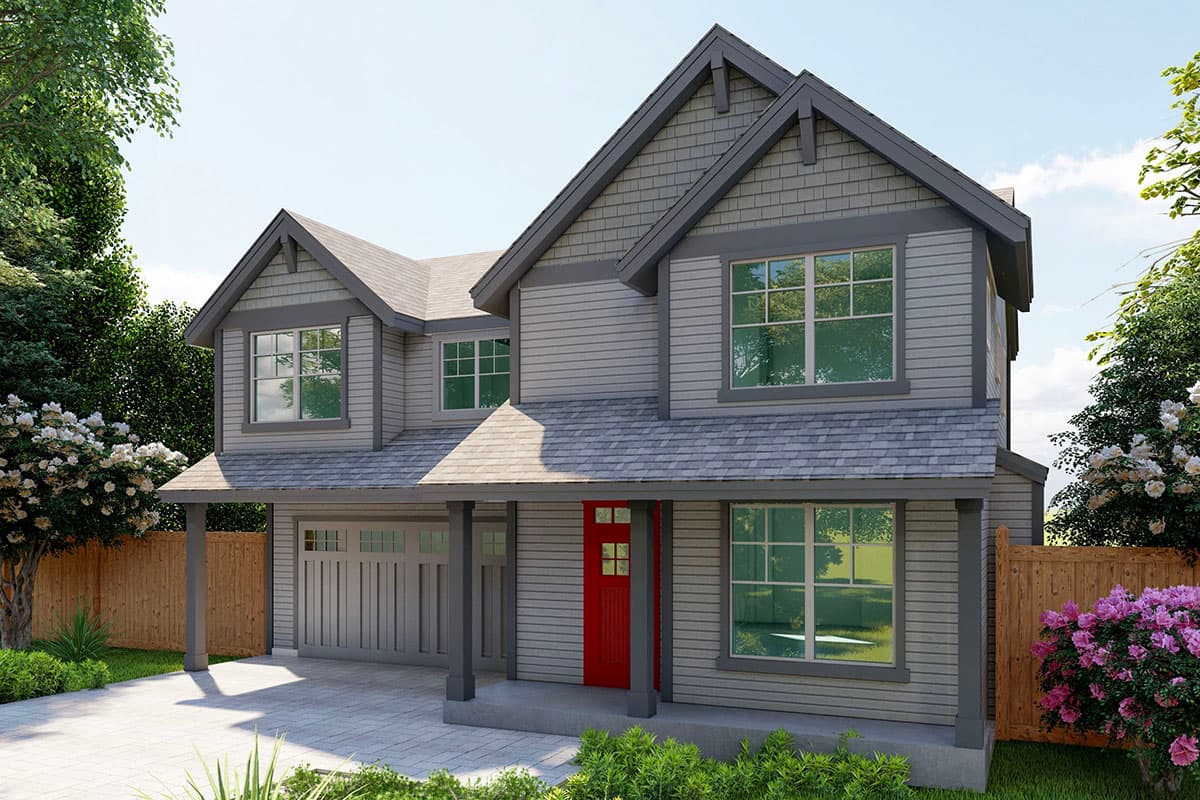 House plan exterior. Two-story Craftsman home with a gabled roof, a front porch, and a garage. The front door is red.