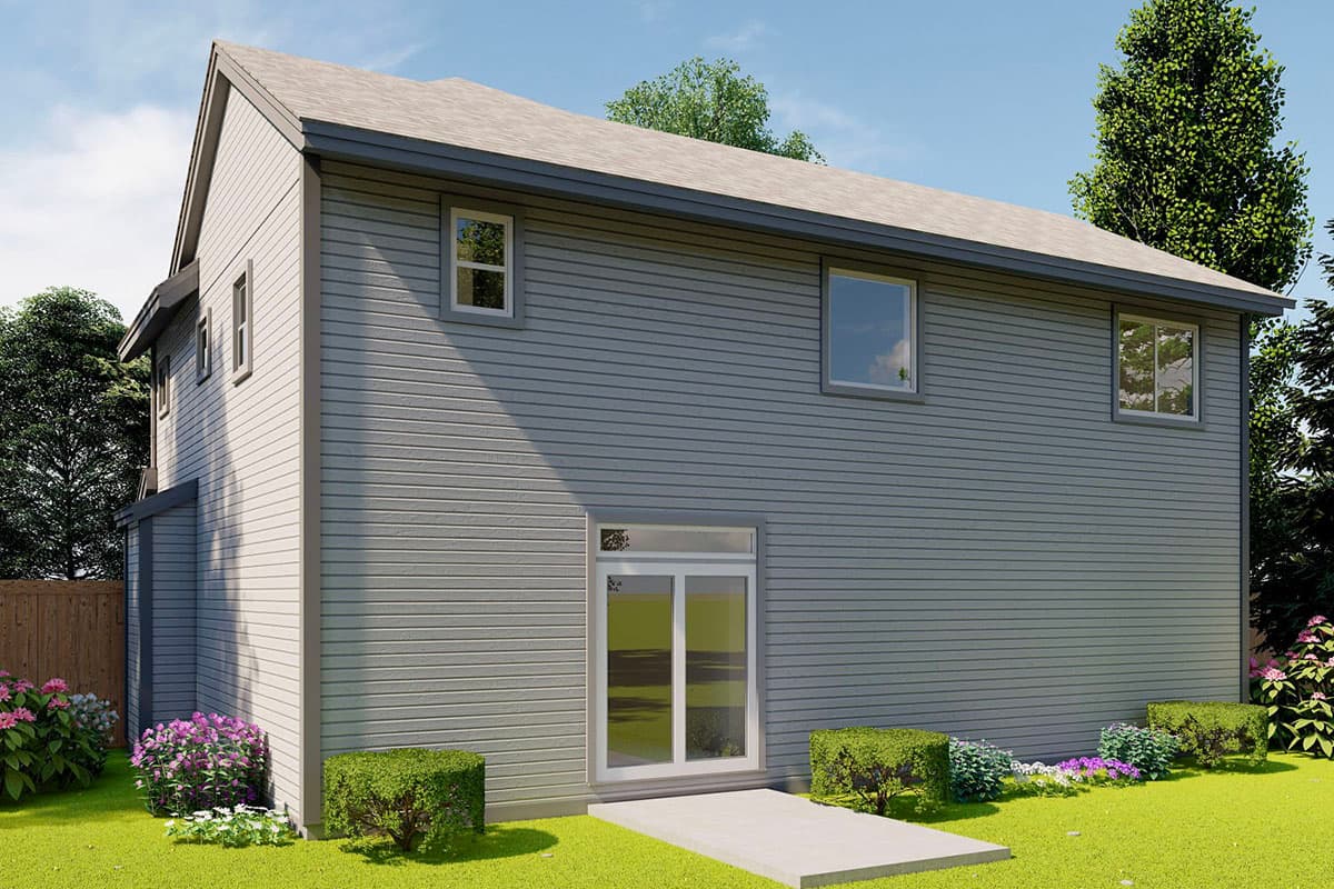 House plan exterior of a two-story home with gray horizontal siding, gable roof, and sliding glass doors.