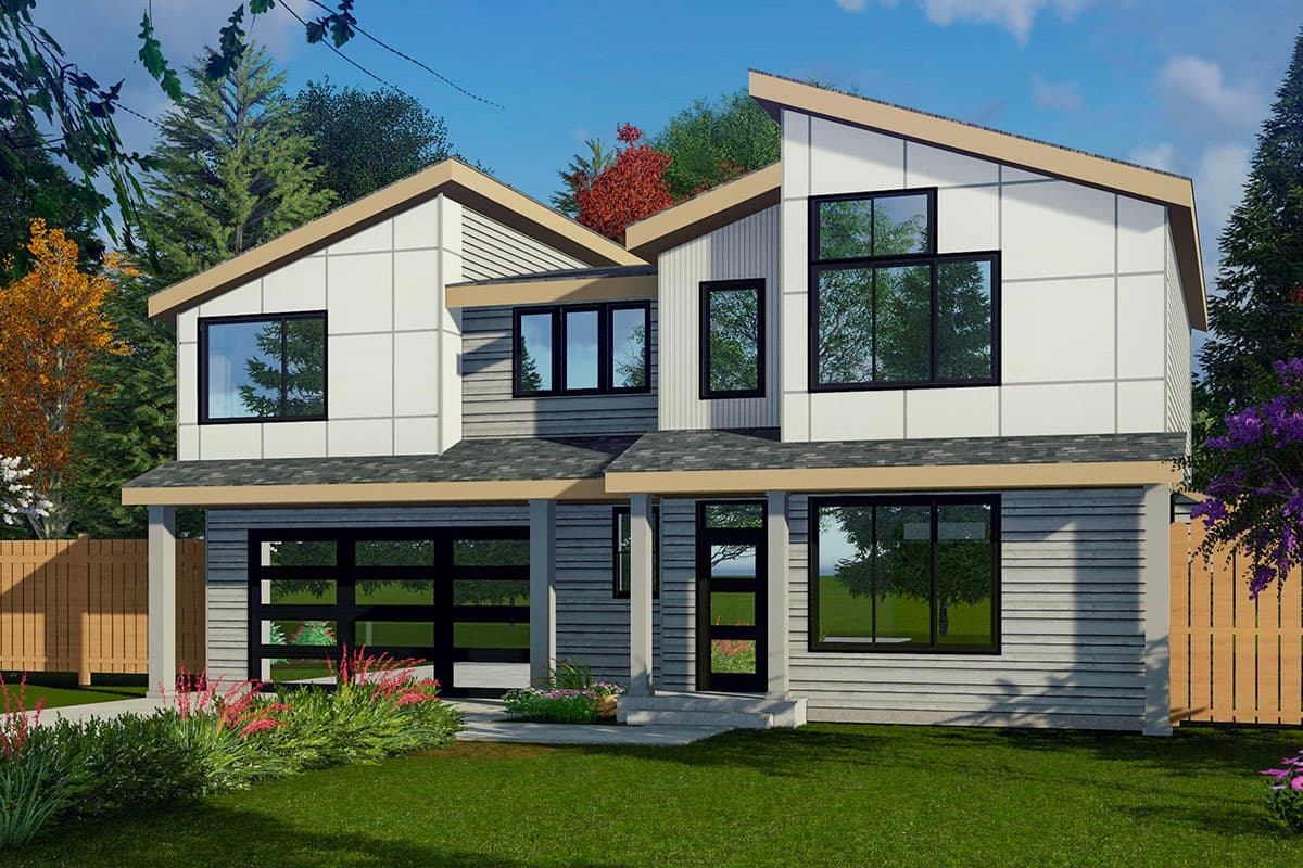House plan exterior. Two-story Modern house with a carport, flat rooflines, and large windows. The home features board and batten siding.