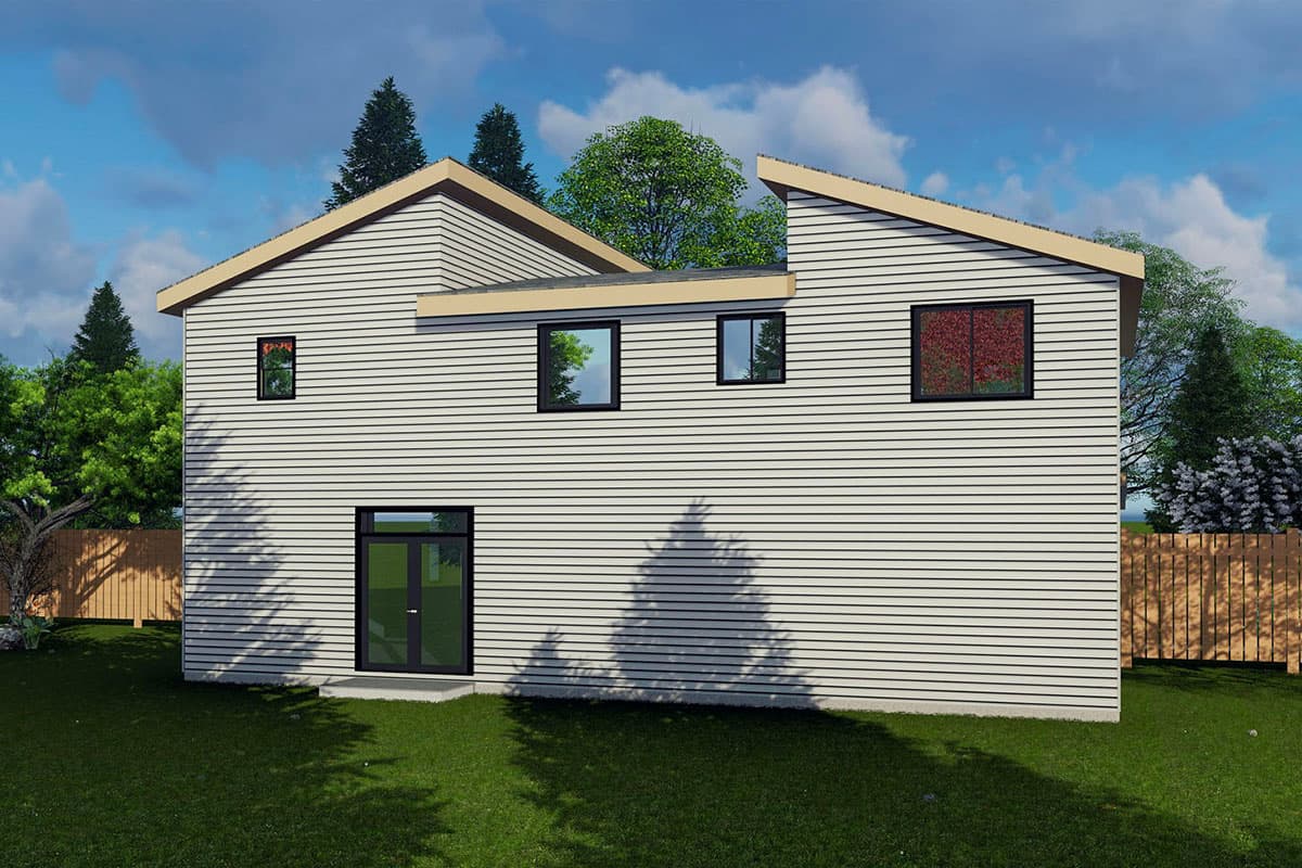 House plan exterior view of a two-story modern home with horizontal siding, asymmetrical rooflines, and a double glass door entry.