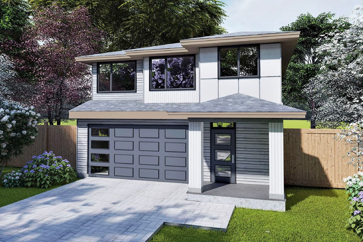Modern house plan exterior with two stories. Features include a flat roof, a covered porch, and a garage with a glass panel door.