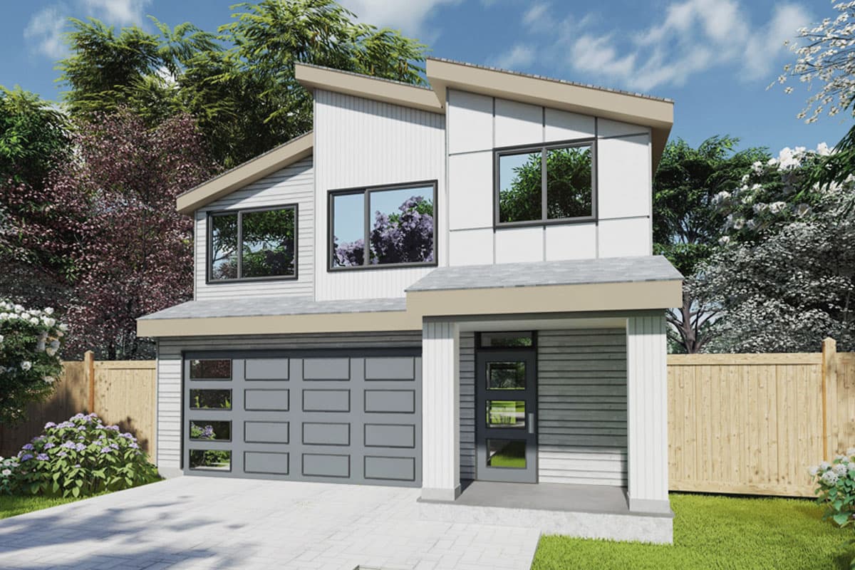 House plan exterior. Modern style, two-story home with shed roof, integrated garage, and a covered entry. Windows are large, rectangular.