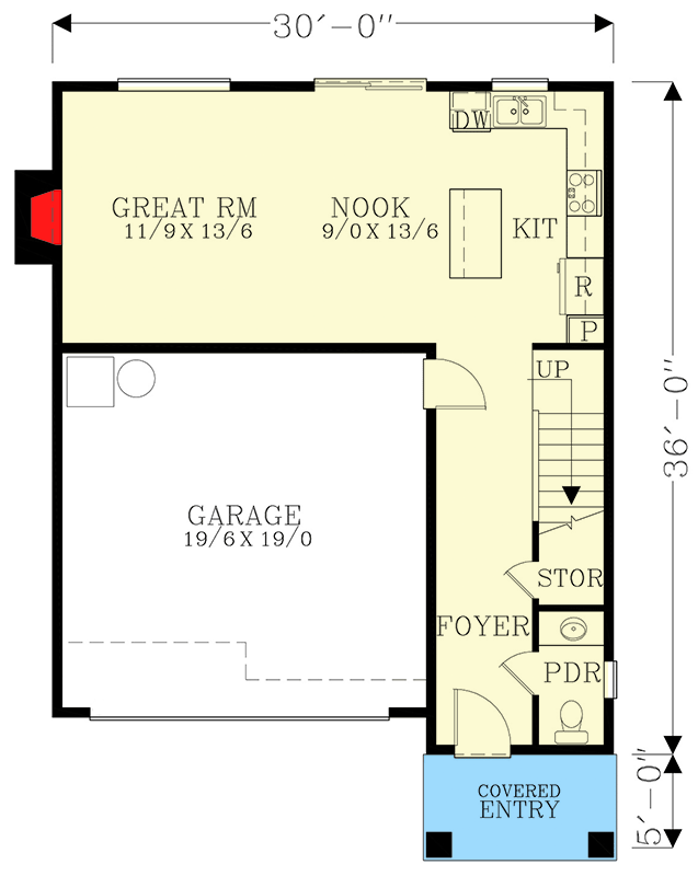Plan 28064J: 2-Story Modern House Plan Under 1600 Square Feet with Upstairs Master and Laundry - Floor Plan - Main Level - Contemporary, Mid Century Modern, Northwest