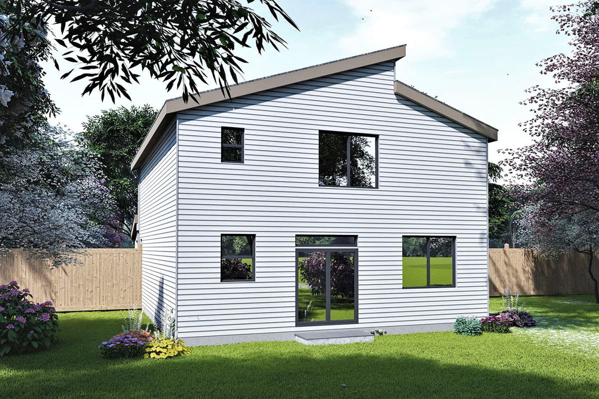 House plan exterior: two-story modern home with horizontal siding, asymmetric gable roofline, and multiple windows.