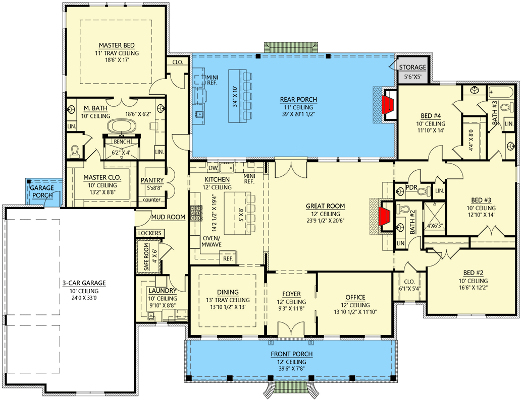 Plan 56534SM: 4-Bedroom French Country House Plan with Outdoor Kitchen and Fireplace - Floor Plan - Main Level - Acadian, Country, European, French Country, Louisiana-Style, Ranch, Southern