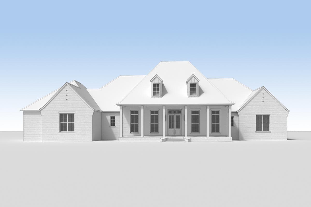 House plan exterior, one story with a prominent covered entry, dual dormers, and brick facade.