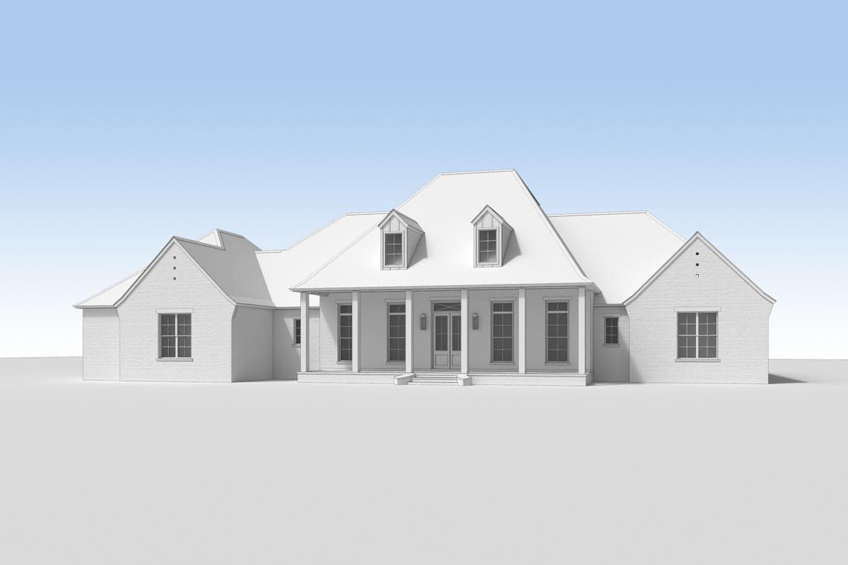 House plan exterior, single-story residence with a covered front porch, prominent dormers, and a steeply pitched roof.