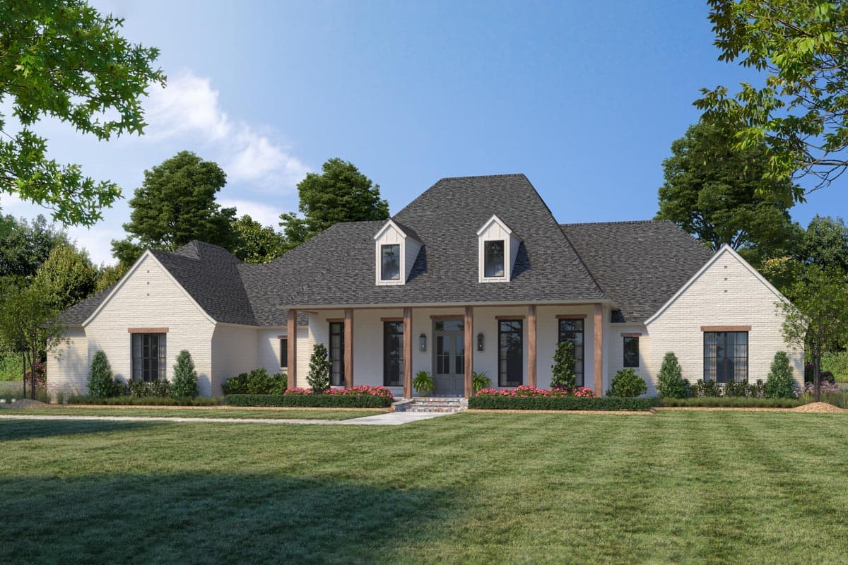 House plan exterior featuring a two-story design with a covered front porch, gables, and dormers. Includes a brick facade and dark roof.