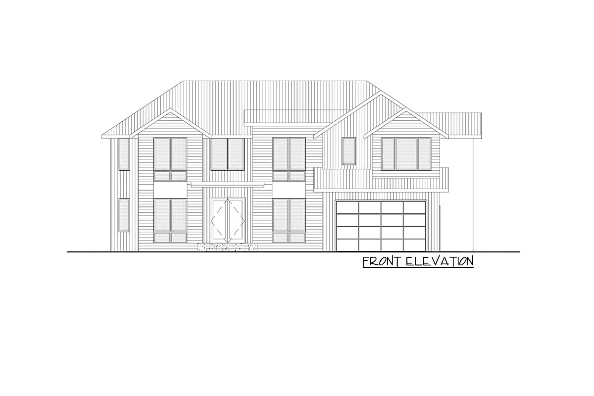 Front elevation drawing of a two-story house with a hip roof, multiple gables, double front doors, and a side-entry garage.