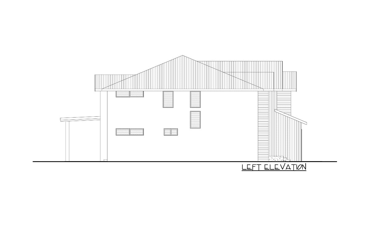 Left elevation drawing of a two-story house plan with a covered entry, multiple windows, and a gabled roof.