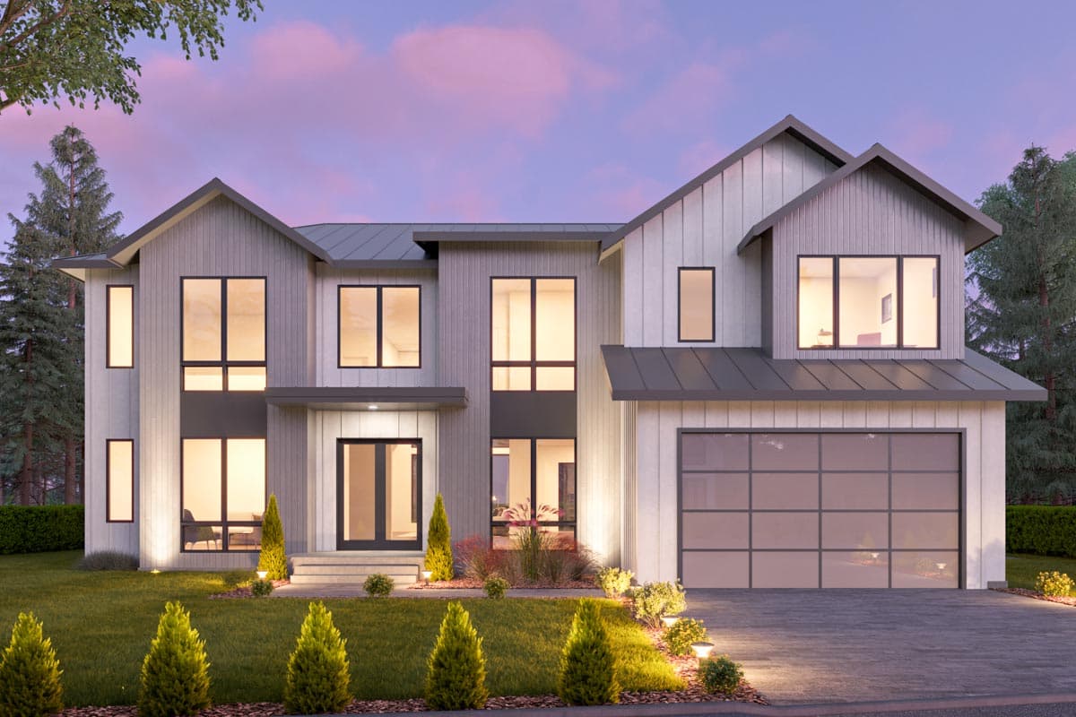 House plan exterior featuring Modern style, two stories, gabled rooflines, large windows, and a glass garage door.
