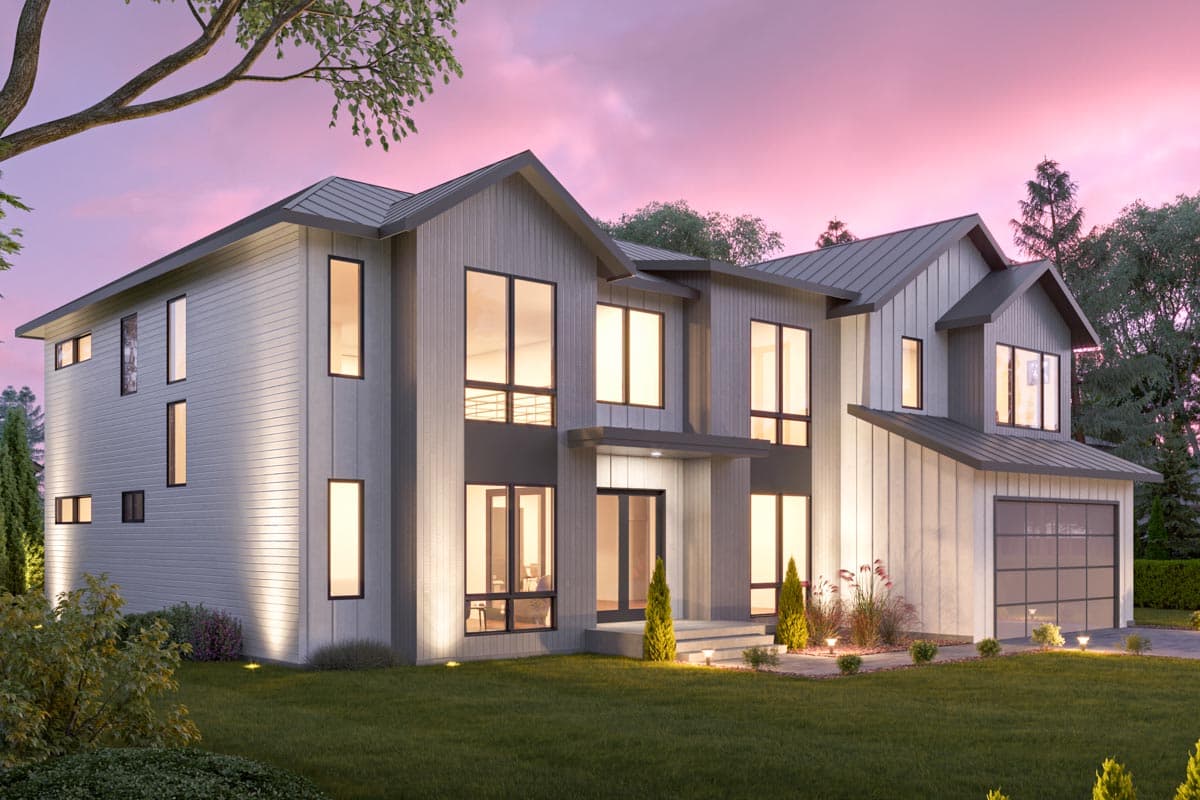 Modern two-story house plan exterior with vertical siding, metal gable roofs, and a glass garage door.
