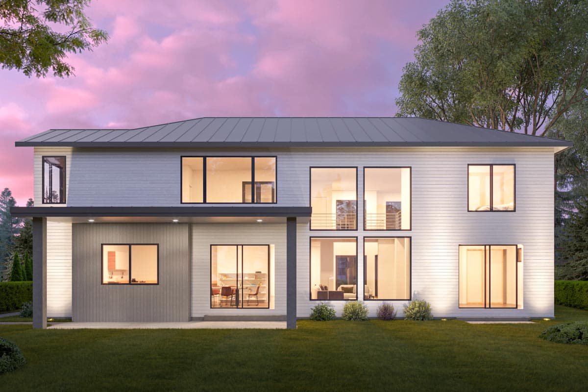Two-story modern house plan exterior with horizontal siding, metal roof, and extensive multi-pane windows.
