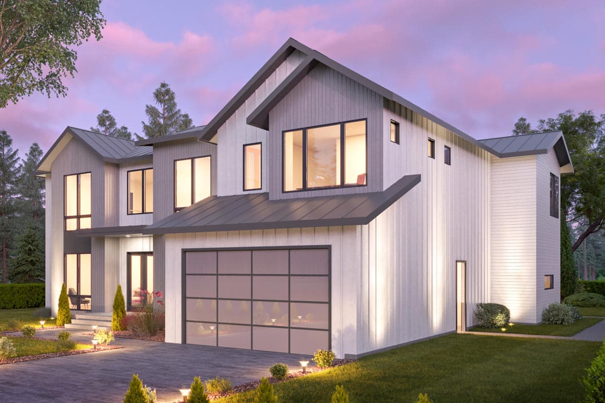 Modern house plan exterior with vertical siding, gabled rooflines, large windows, and a glass garage door.