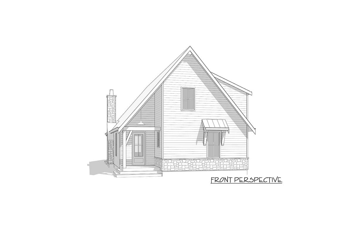 House plan exterior perspective with stone foundation, gabled roof, front porch, and stone chimney.