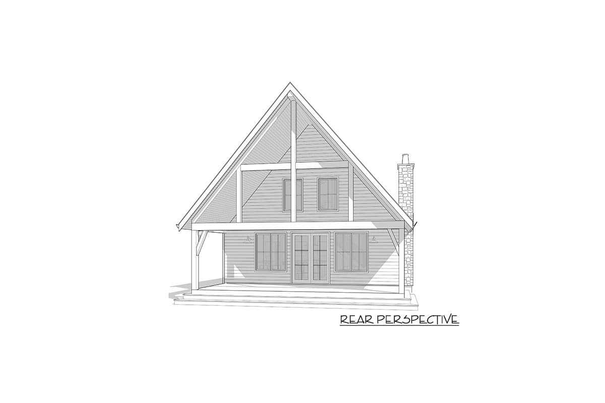 Rear perspective house plan featuring a prominent A-frame gable, exposed beams, stone chimney, and a covered porch with French doors.