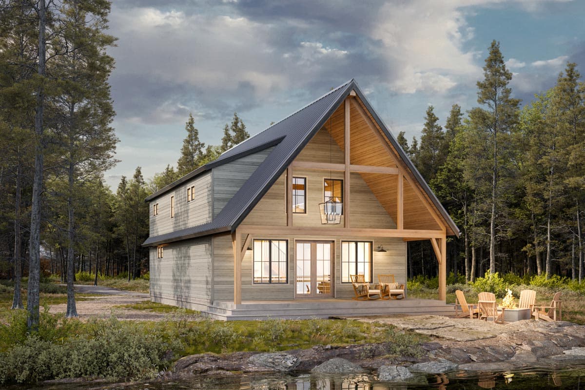 Modern A-frame house plan exterior with exposed wood beams, metal roof, gable dormer, and covered porch.