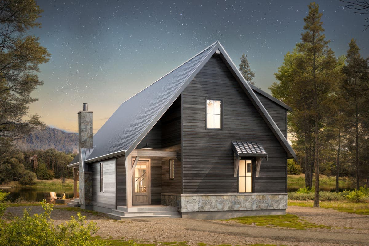 Modern A-frame house plan exterior with dark wood siding, stone foundation, metal roof, and covered entry.