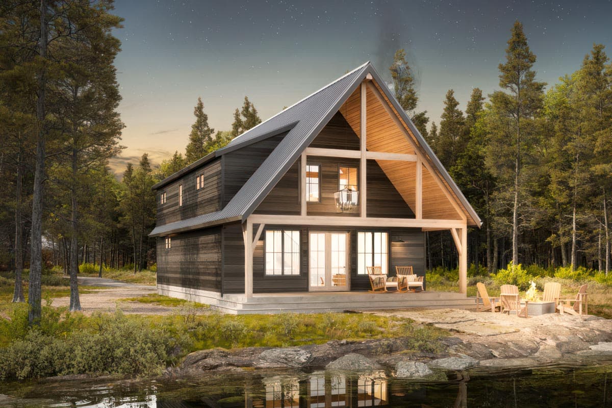 Modern A-frame house plan exterior with dark wood siding, metal roof, covered porch, and a second-story balcony.