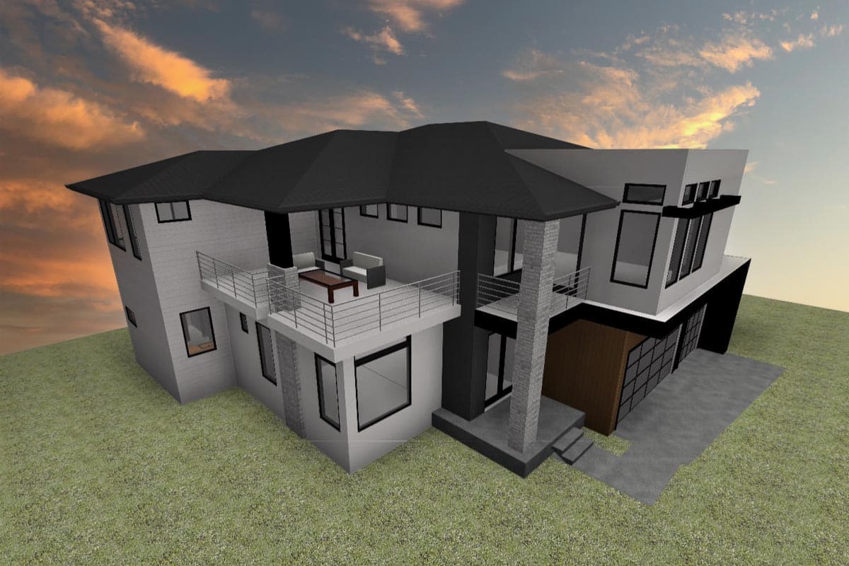 Modern house plan exterior: two-story, flat rooflines, balconies, large windows, attached garage, and stone accents.