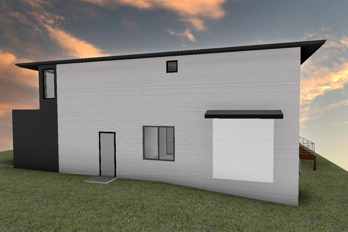 Modern house plan exterior with a flat roof, horizontal siding, a dark accent section, and a deck with railing.