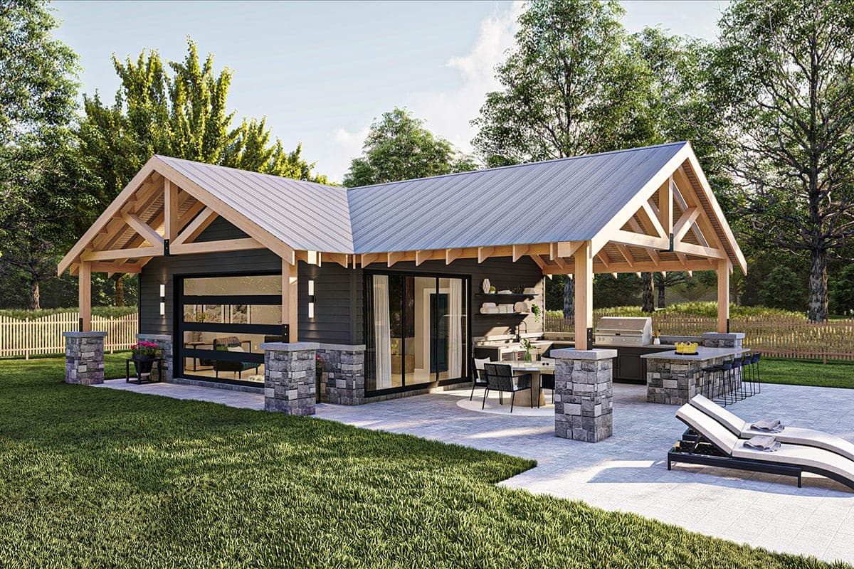House plan exterior with metal roof, exposed timber frame, and a covered patio area with an outdoor kitchen, bar, and seating.