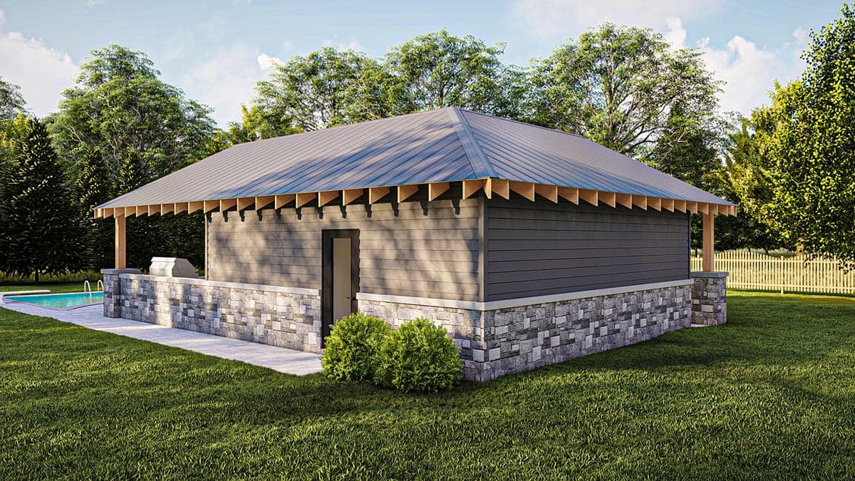 Outdoor pavilion with metal roof, stone base, and exposed rafter tails. Features grilling area and adjacent pool.