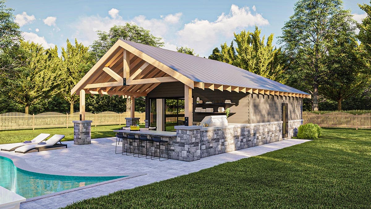Outdoor kitchen and bar with stone base, pitched metal roof, exposed rafters, and sliding glass door.