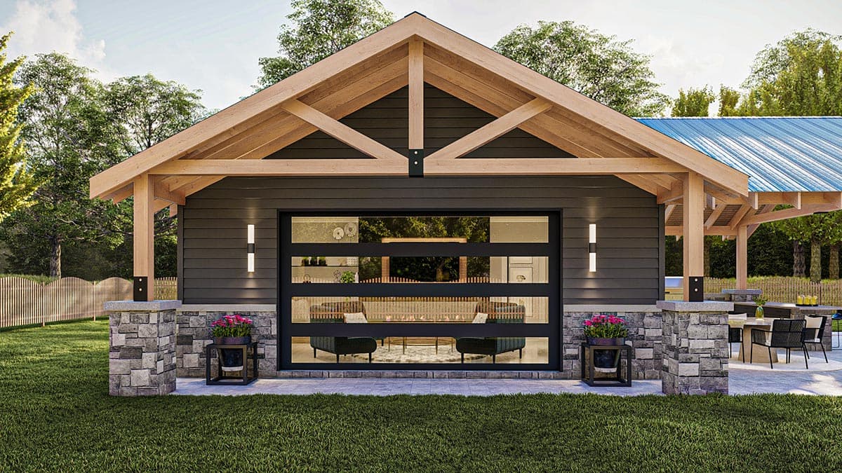 House plan exterior featuring exposed wood rafter tails, stone base, and horizontal siding. Includes a modern glass garage door.