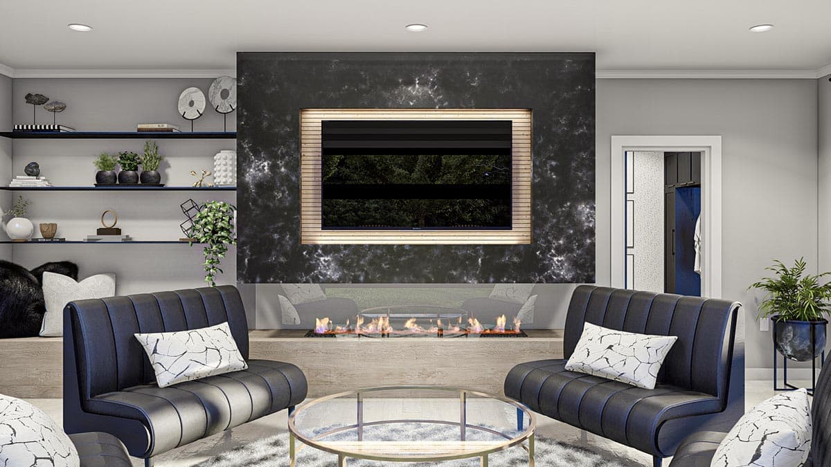Living room with a linear fireplace below a mounted television on a dark marble wall, flanked by upholstered seating.