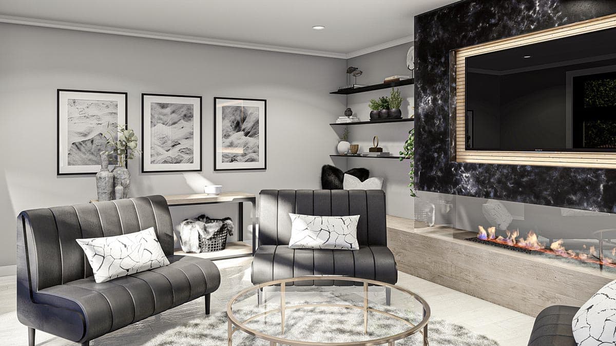 Living room with contemporary fireplace, mounted TV, shelving, and neutral-toned seating.