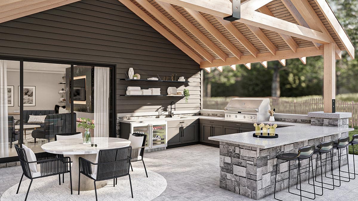 Plan 623206DJ: Rugged and Rustic Craftsman Style Pool House Plan with Fireplace and Snack Bar - Image #10 - Contemporary, Craftsman, Mountain, Rustic