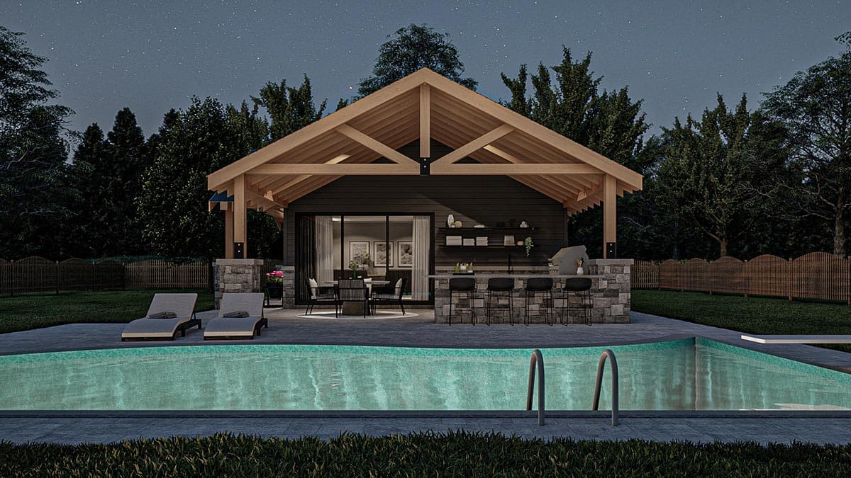 Plan 623206DJ: Rugged and Rustic Craftsman Style Pool House Plan with Fireplace and Snack Bar - Image #11 - Contemporary, Craftsman, Mountain, Rustic