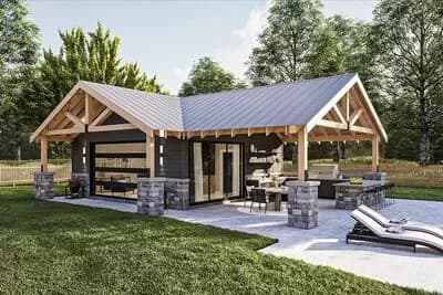 Rugged and Rustic Craftsman Style Pool House Plan with Fireplace and Snack Bar