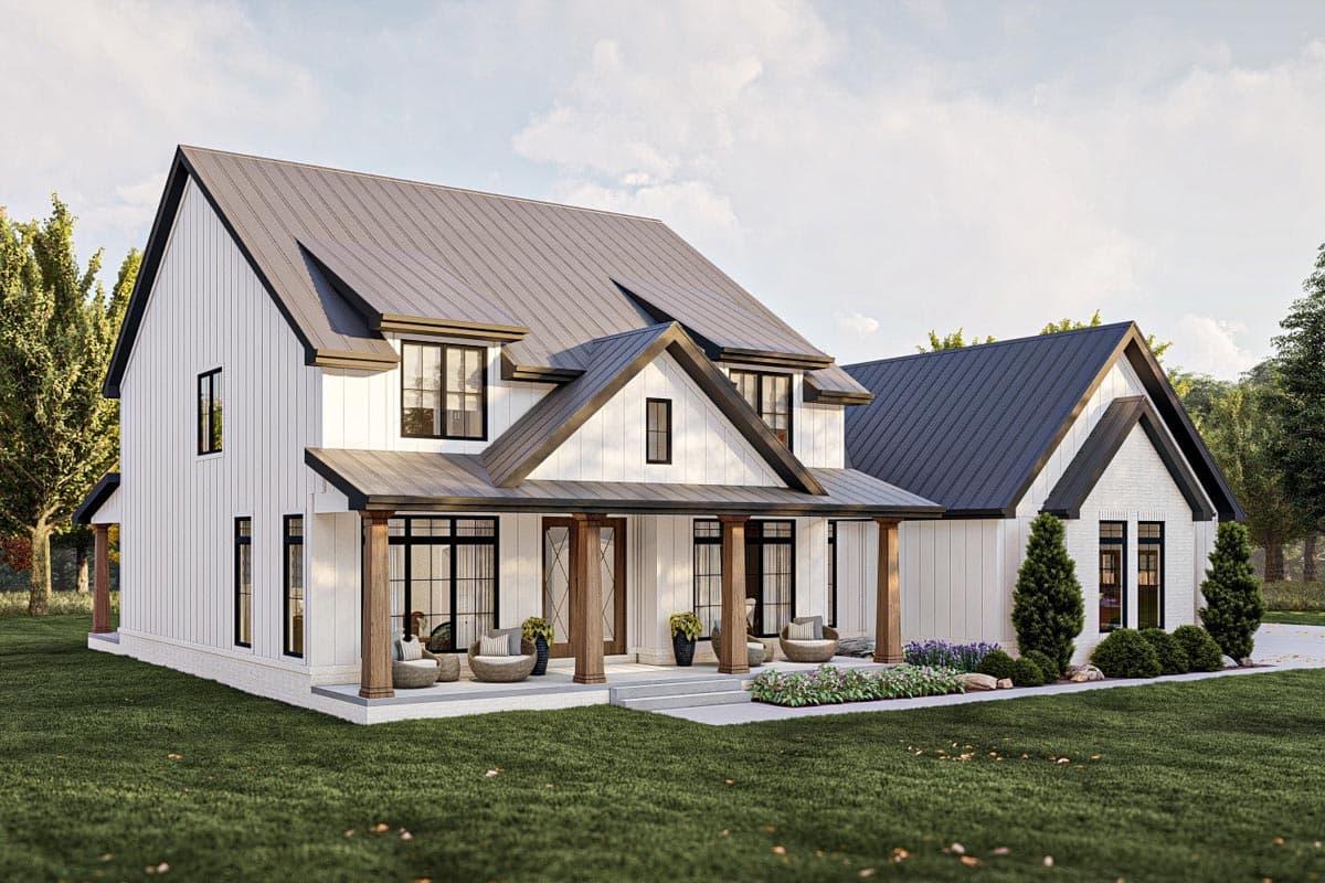 Modern Farmhouse house plan exterior with prominent gables, a wide covered porch with timber columns, and a metal roof.