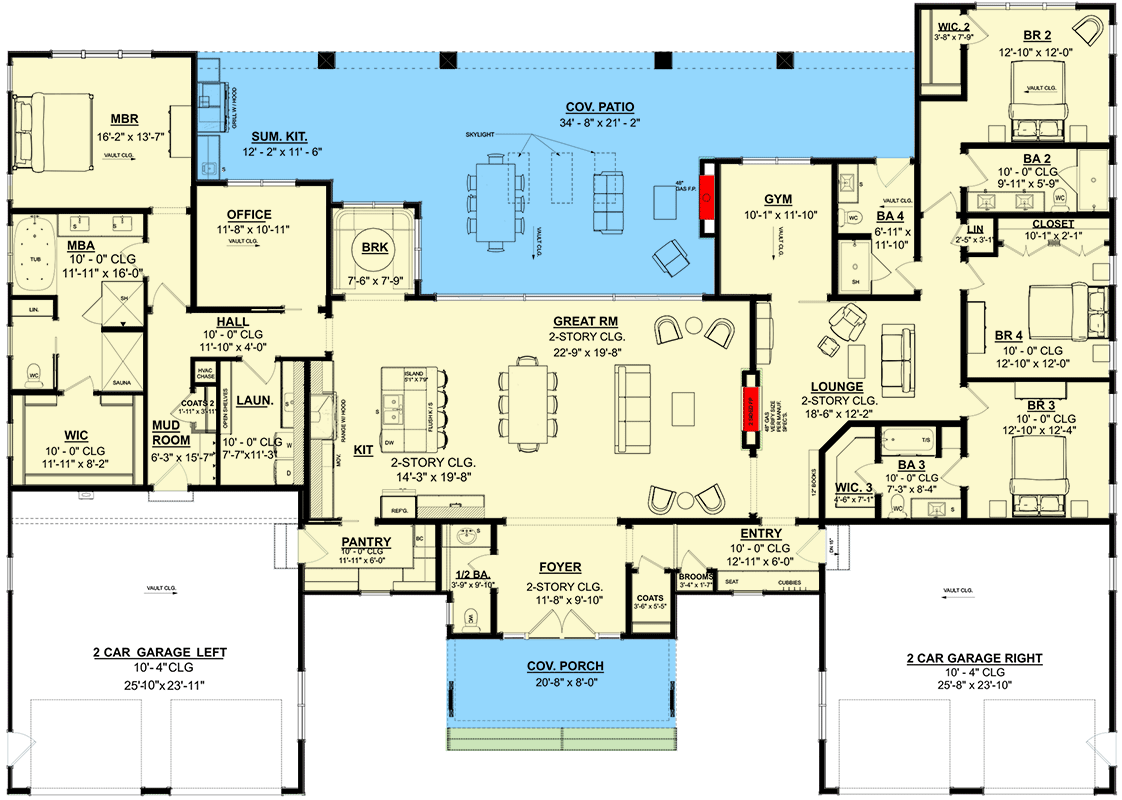 Plan 871029JEN: Symmetrical Modern House Plan with Matching Wings and Large Outdoor Entertaining Space - Floor Plan - Main Level - Contemporary, Mid Century Modern, Modern