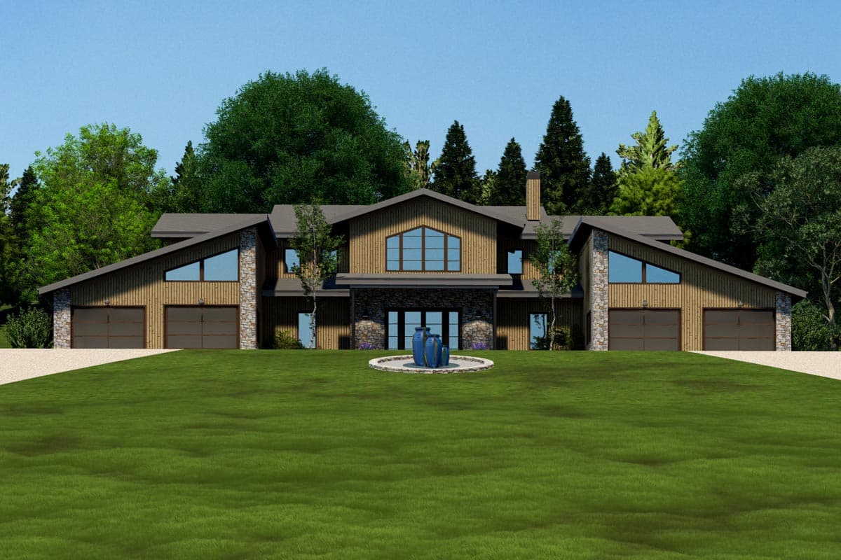 House plan exterior: Modern style with wood siding, stone accents, large angled windows, and four garage doors.