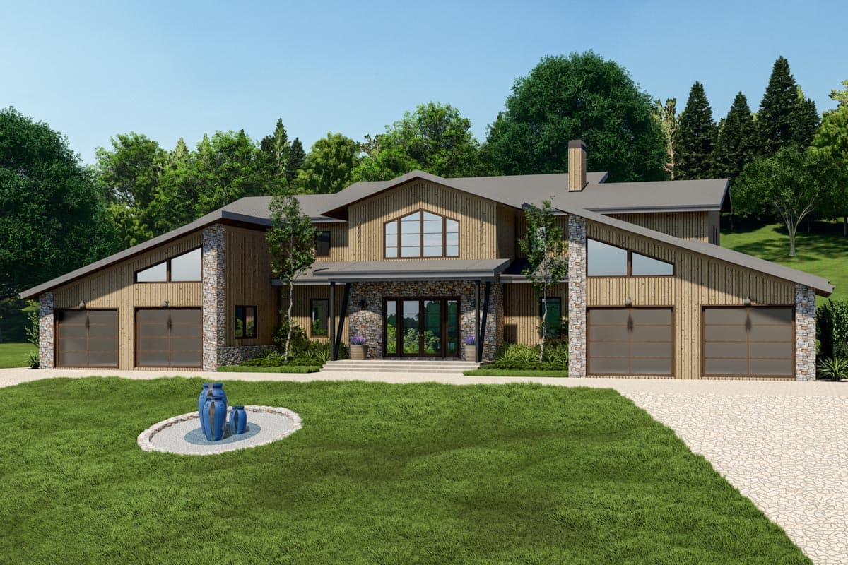 House plan exterior. Two-story, contemporary style home with angled rooflines, stone accents, and three-car garage.