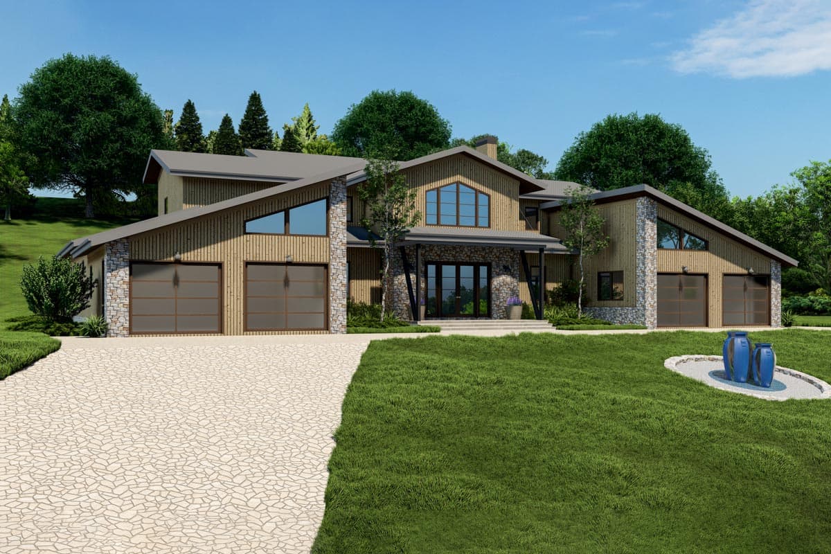 House plan exterior: Modern style, two stories, wood siding, stone accents, gabled roof, large windows, triple garage.