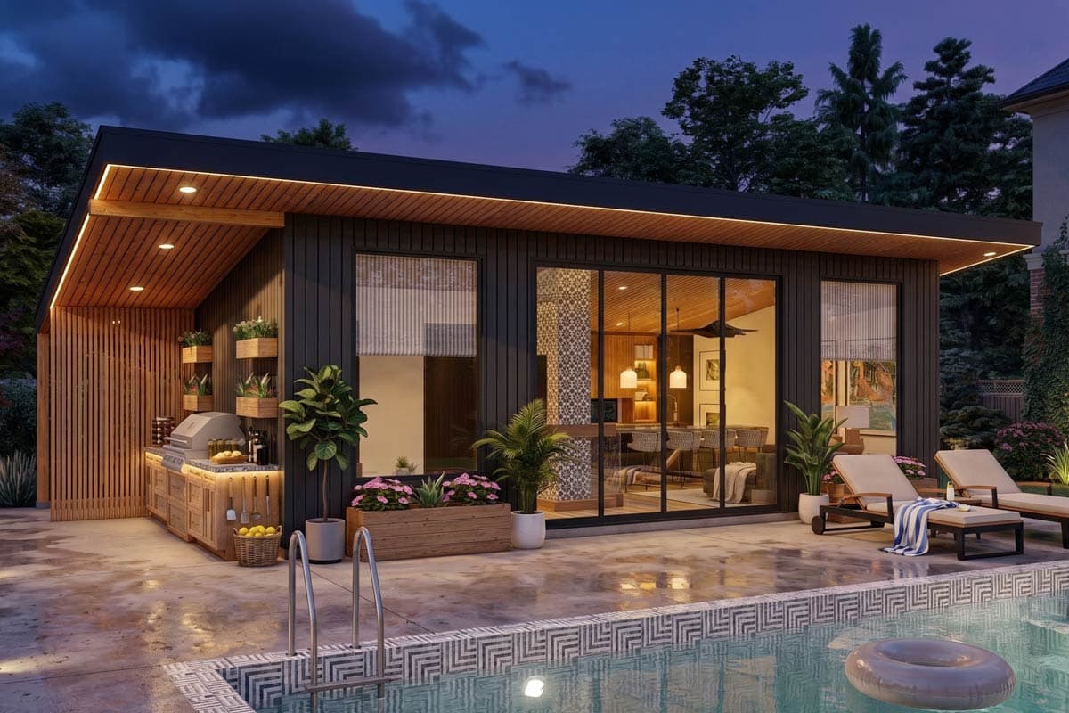 House plan exterior. Modern style, single story, with a flat roof and a wooden outdoor kitchen area with a small pool.