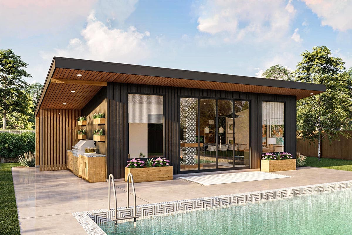 House plan exterior. Modern style, single story, with a flat roof and a wooden outdoor kitchen area with a small pool.