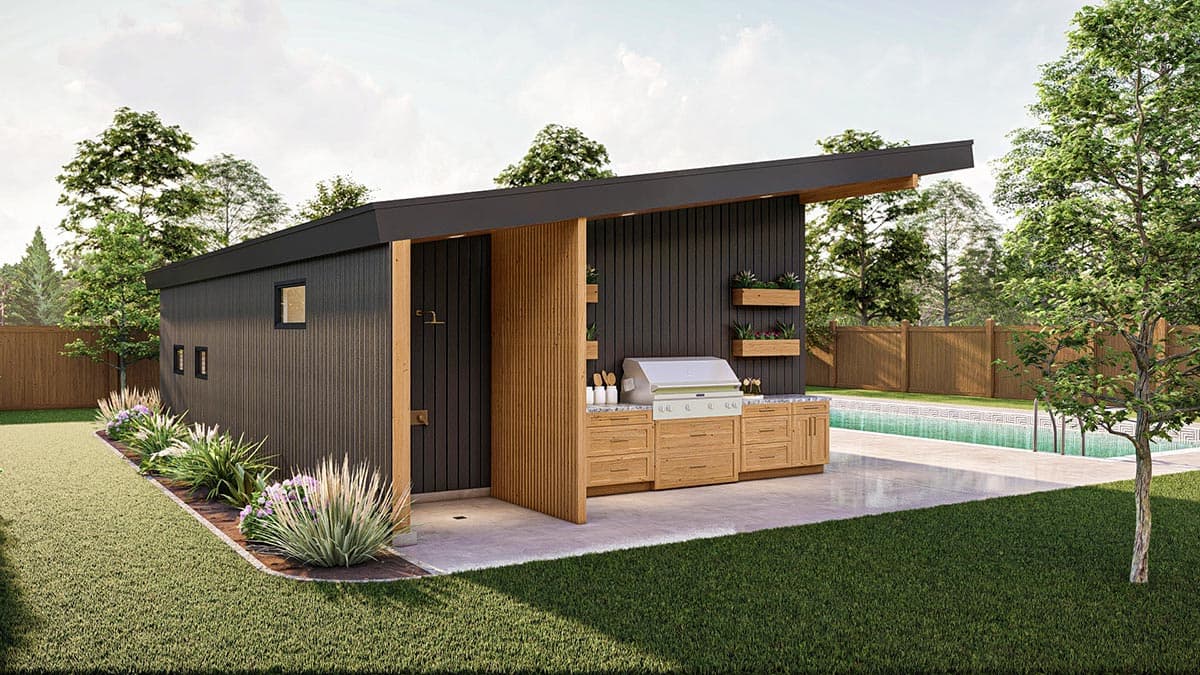 Modern outdoor kitchen with grill, cabinetry, and pitched roof design, adjacent to a swimming pool.