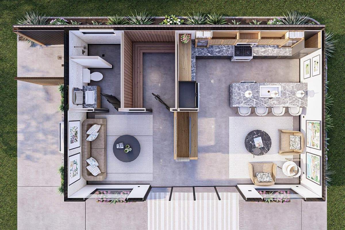 Plan 623208DJ: 600 Square Foot Modern Style Pool House Plan - Image #14 - Mid Century Modern, Modern