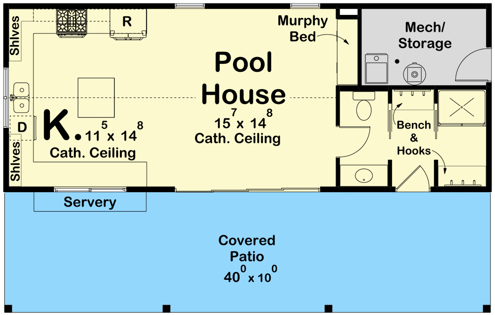 Plan 623209DJ: 542 Square Foot Modern Farmhouse Pool House Plan - Floor Plan - Main Level - Cottage, Country, Modern Farmhouse, Rustic